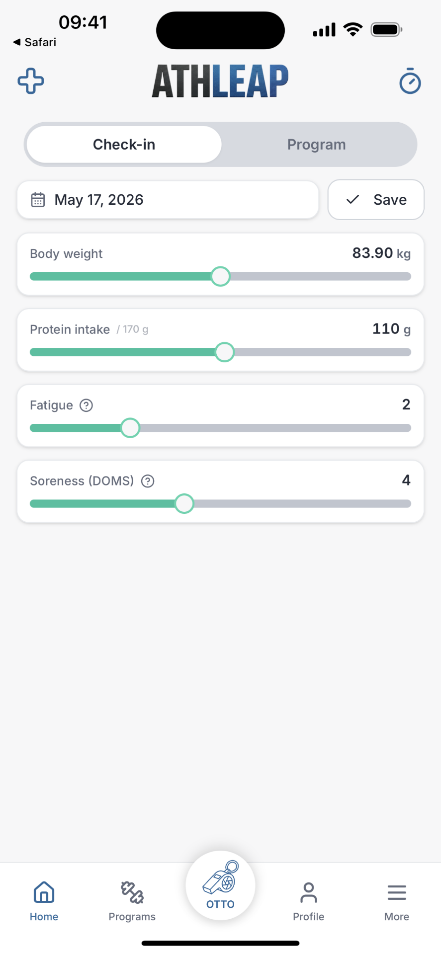 Athleap daily check-in screen