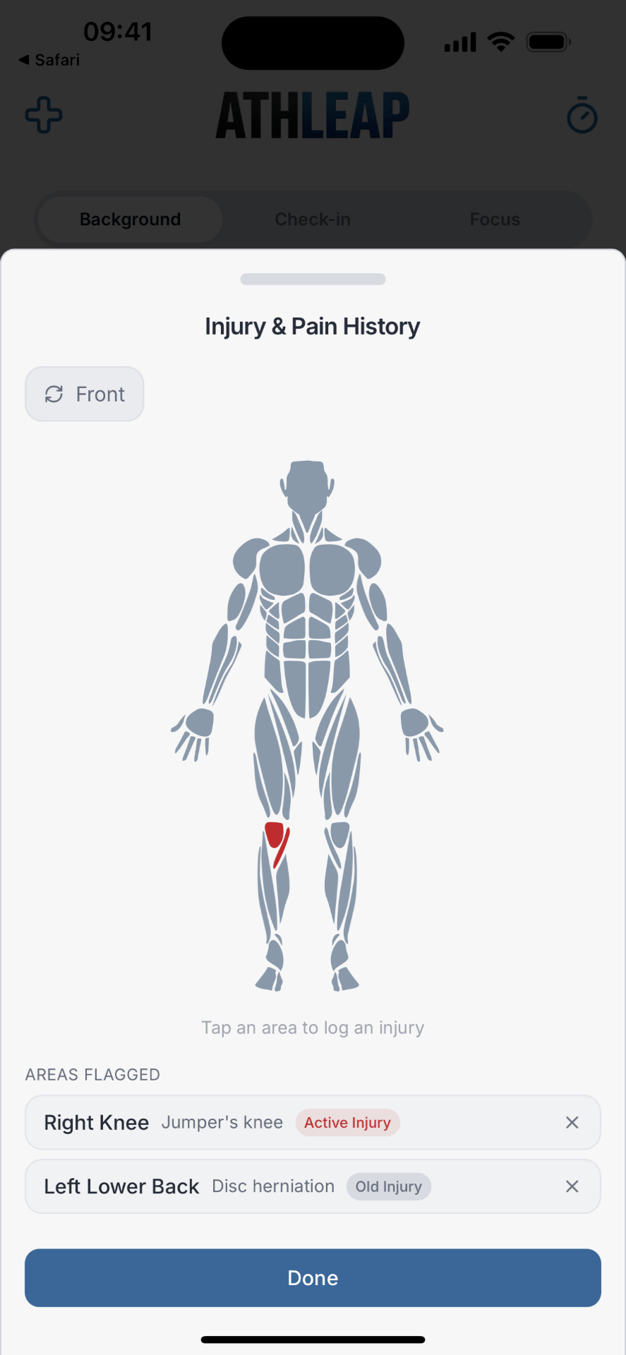 Athleap injury and pain history body map