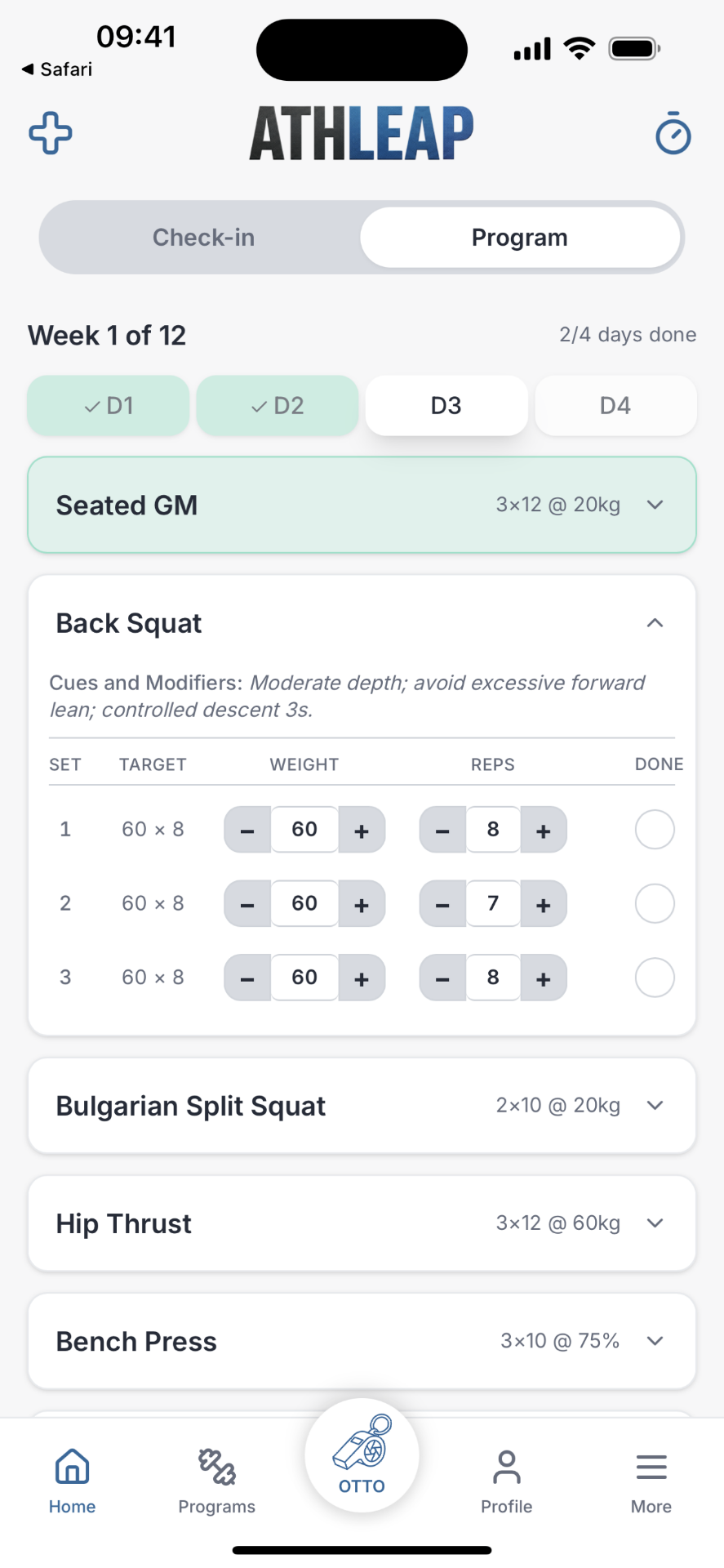 Athleap workout logging screen with sets and reps